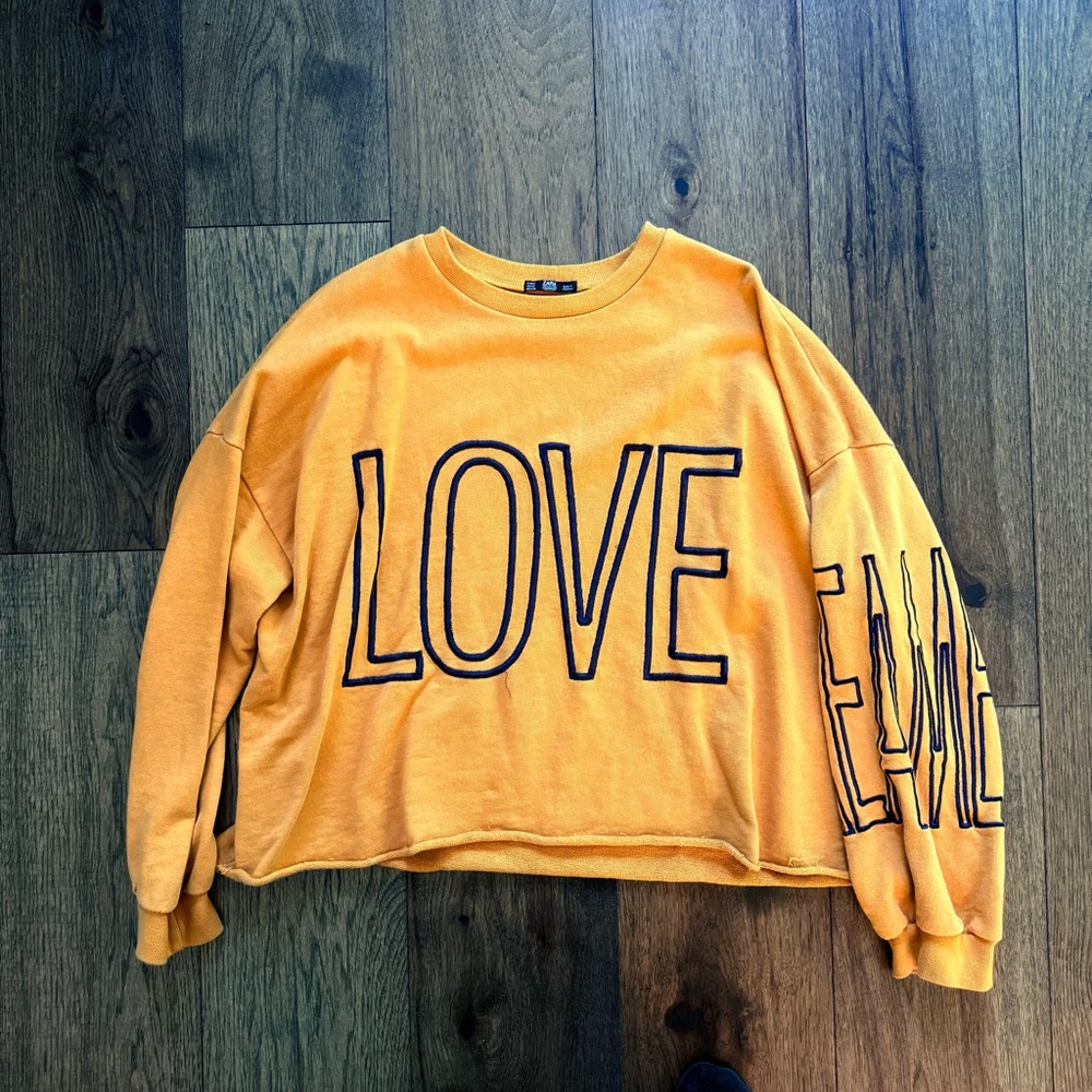 Women’s Zara Mustard Navy Blue Sweatshirt Size Small - Picture 1 of 6